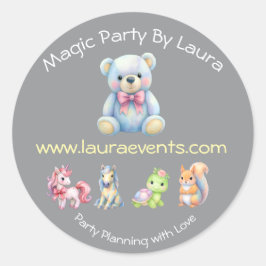 Adesivo Redondo Kids Party Planner Pastel Teddy Bear Logotipo QR