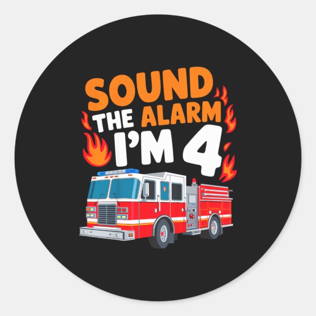 Adesivo Redondo Kids Sound The Alarm I'm 4 Years Old 4th Birthday  (Frente)
