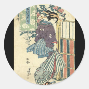 Adesivo Redondo kimono geisha tradicional de jardim ukiyo-e japonê