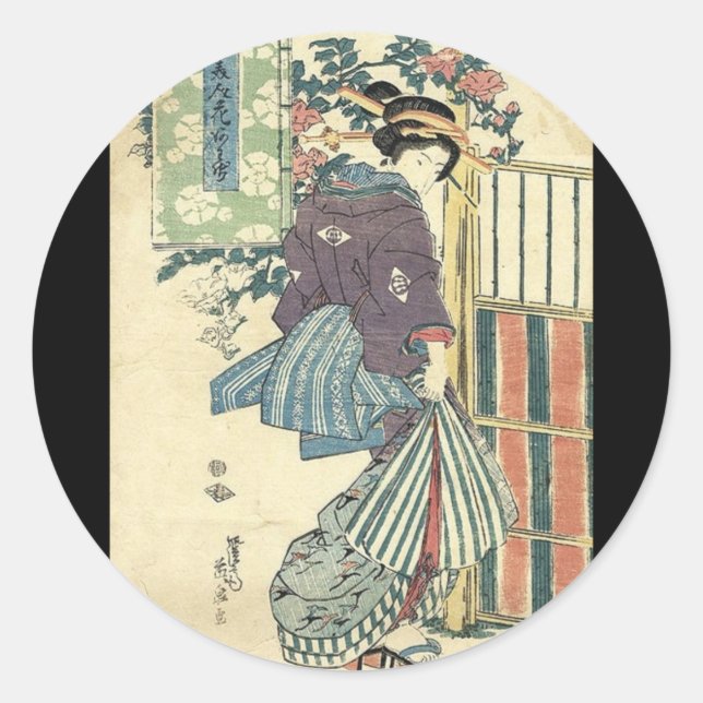 Adesivo Redondo kimono geisha tradicional de jardim ukiyo-e japonê (Frente)