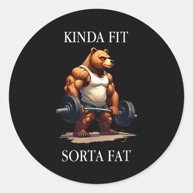 Adesivo Redondo Kinda Fit Sorta Fat - Funny Gym Bear Weightlifting (Frente)