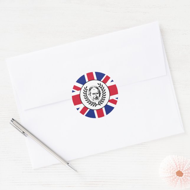 Adesivo Redondo King Charles III e British Union Jack Flag (Envelope)