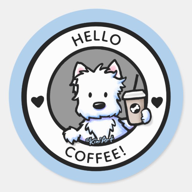 Adesivo Redondo KiniArt Coffee Westie Stickers (Frente)