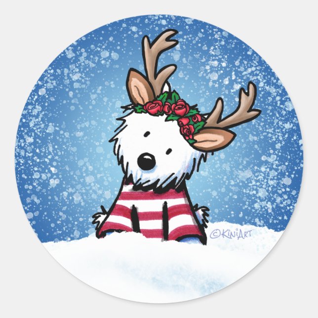 Adesivo Redondo KiniArt Westie Reindeer Stickers (Frente)