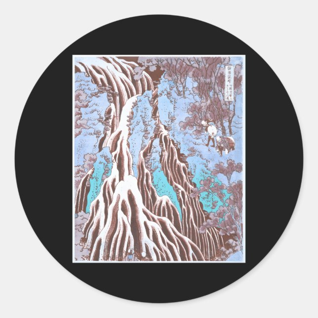 Adesivo Redondo Kirifuri Waterfall Hokusai Ukiyo E Japão Paisagem (Frente)