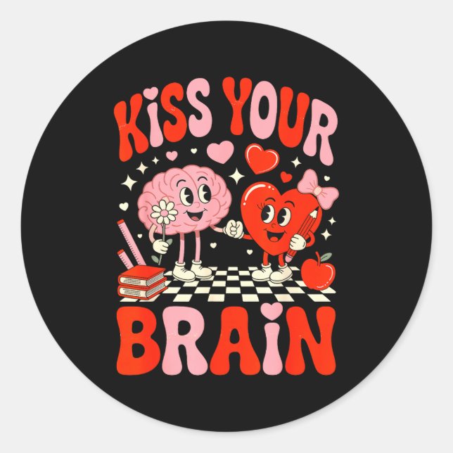 Adesivo Redondo Kiss Your Brain Women Valentine's Day Retro School (Frente)