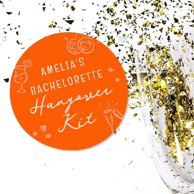 Adesivo Redondo Kit de ressaca de solteira desenho a mão rosa e ve (Pink and red girly sketch illustrations bachelorette weekend party hangover kit stickers.)