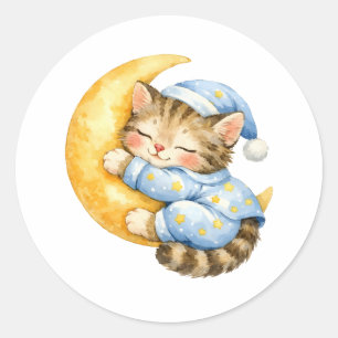 Adesivo Redondo Kitten aquarela dormindo na lua crescente