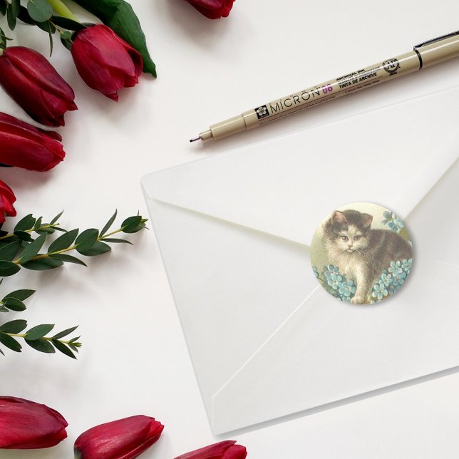 Adesivo Redondo Kitten Com Flores Azuis (Criador carregado)