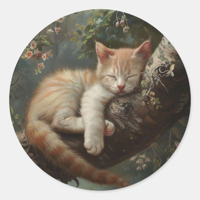 Adesivo Redondo Kitten dormindo em uma árvore (Frente)
