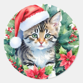 Adesivo Redondo Kitten Na Arte De Natal Do Papai Noel