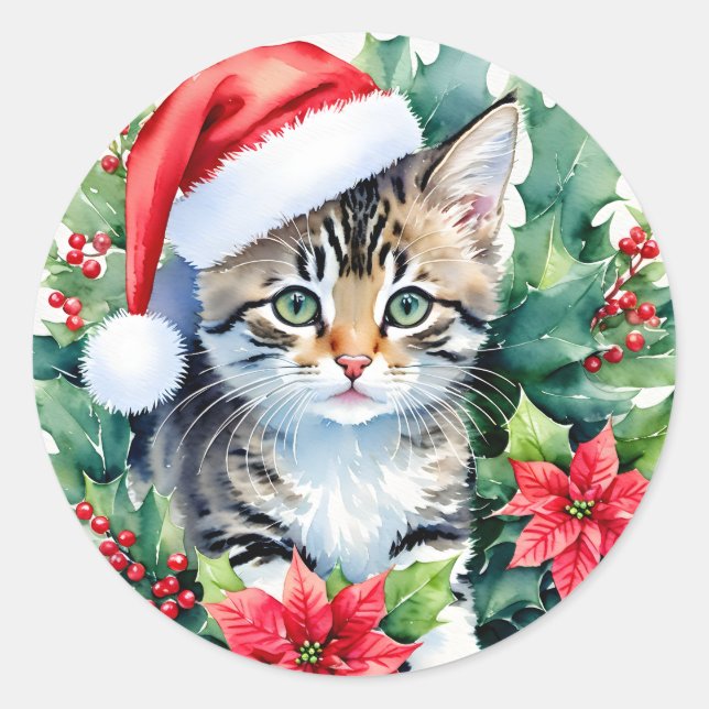 Adesivo Redondo Kitten Na Arte De Natal Do Papai Noel (Frente)