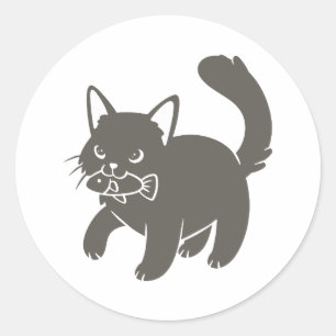 Adesivo Redondo Kitten segura peixe na boca - Escolher fundo