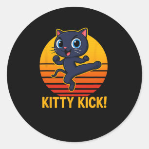 Adesivo Redondo Kitty Kick Karate Artes Marciais Gato Retro Pôr do