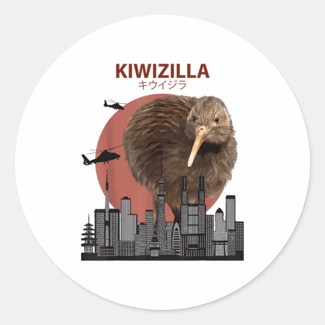 Adesivo Redondo Kiwizilla Funny Kiwi _ New Zealand Bird Lovers Gif (Frente)