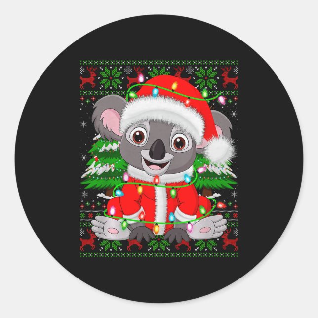 Adesivo Redondo Koala Christmas Lights Santa Costume Ugly Xmas Swe (Frente)