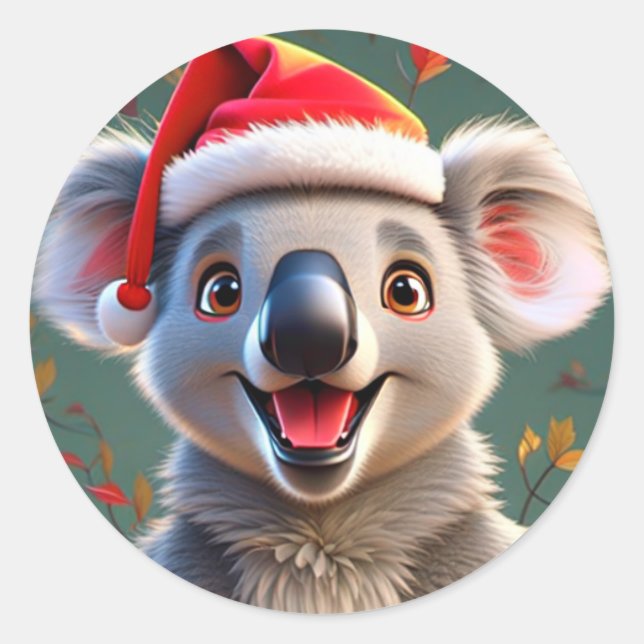 Adesivo Redondo Koala Claus: Espalhando O Vosso Natal Abaixo! (Frente)