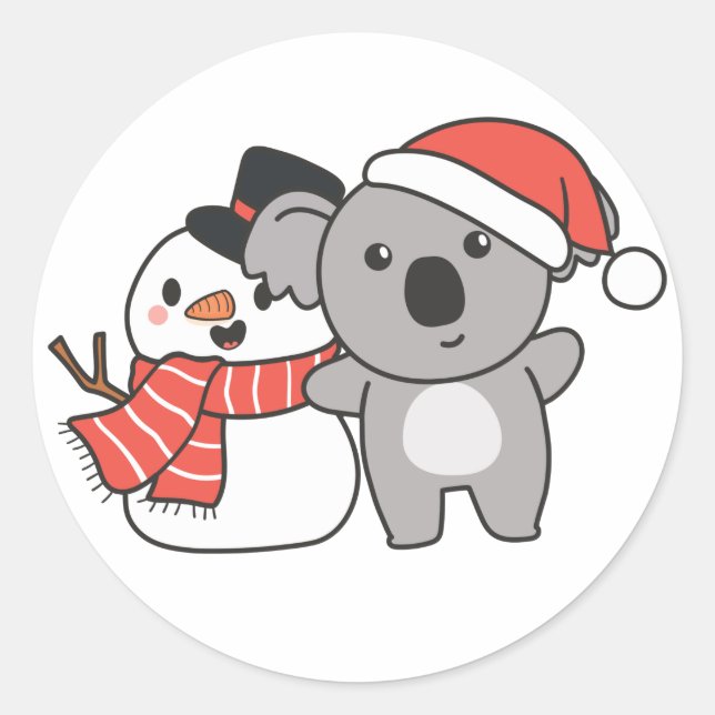 Adesivo Redondo Koala Com Snowman No Inverno Para O Clássico De Na (Frente)