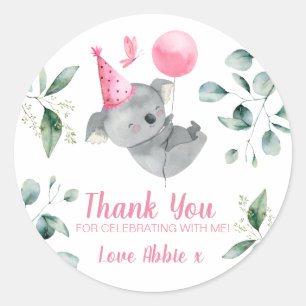 Adesivo Redondo Koala Girl Pink Birthday Favor