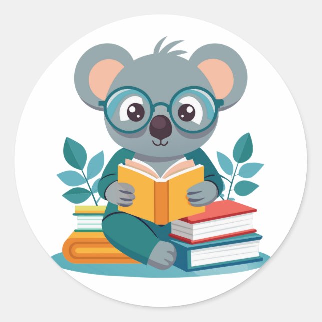 Adesivo Redondo Koala Reading Books Education Inspire (Frente)