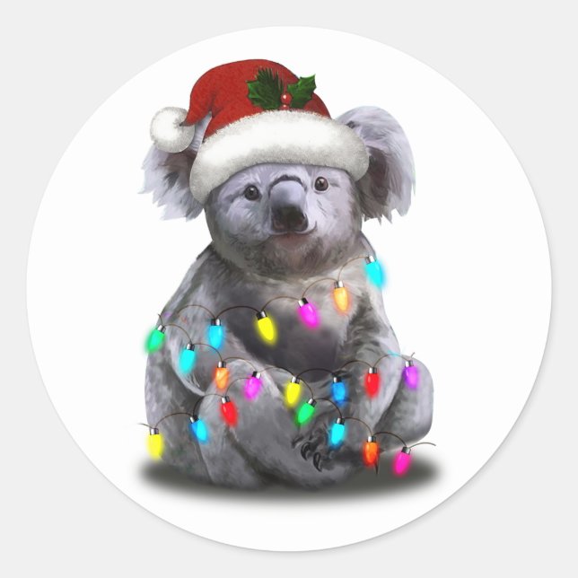Adesivo Redondo Koala Sentada Com Luzes De Natal (Frente)