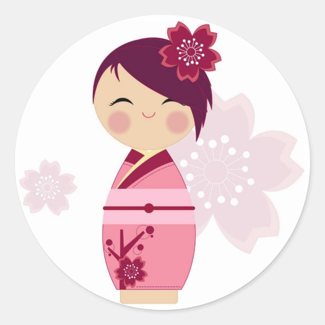 Adesivo Redondo Kokeshi Sakura Sticker (Frente)