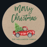 Adesivo Redondo Kraft Brush Script Christmas Envelope Seal<br><div class="desc">Roteiro Kraft Brush Watercolor Red Vintage Truck com Árvore de Natal - Nome da Família de Feliz Natal Envelope Seal</div>