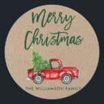 Adesivo Redondo Kraft Brush Script Christmas Envelope Seal<br><div class="desc">Roteiro Kraft Brush Watercolor Red Vintage Truck com Árvore de Natal - Nome da Família de Feliz Natal Envelope Seal</div>
