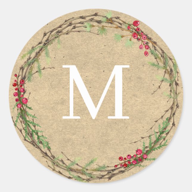 Adesivo Redondo Kraft Christmas Wreath Monogram Seal (Frente)