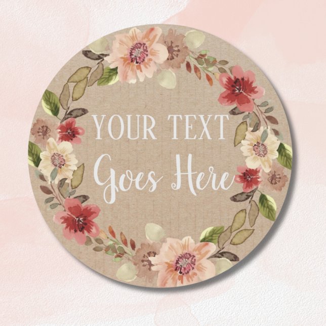 Adesivo Redondo Kraft Floral Russo Personalizado E Feito À Maneira (Personalised Handmade Vintage Floral Rustic Kraft Classic Round Sticker)