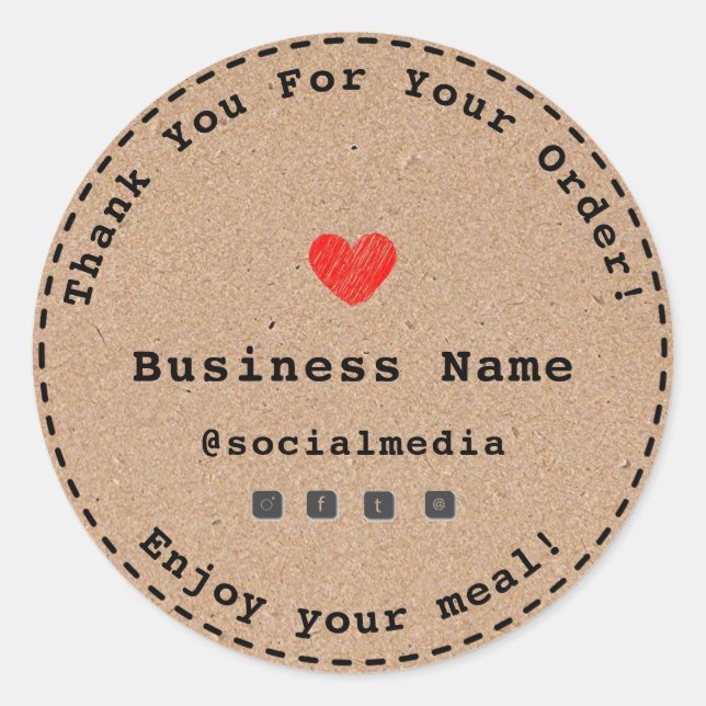 Adesivo Redondo Kraft Heart Obrigado pela sua comida de pedidos (Frente)