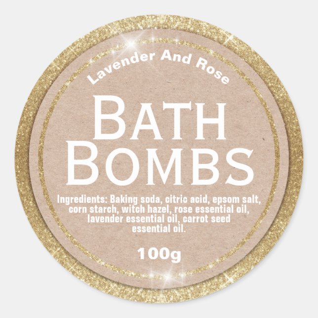 Adesivo Redondo Kraft On Glam Dourado Bath Bomb Labels (Frente)