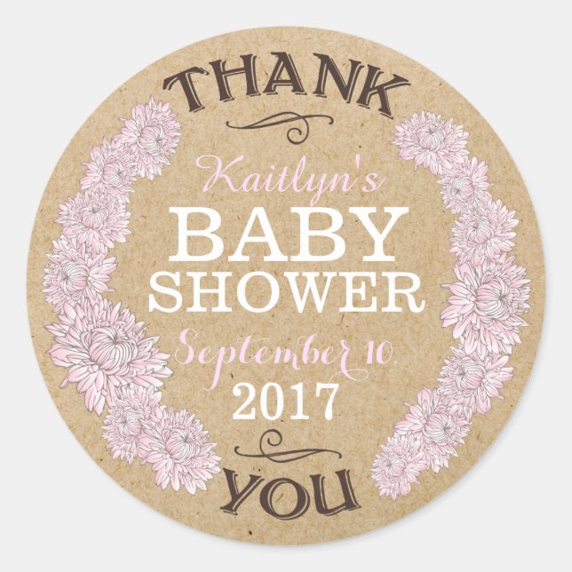 Adesivo Redondo Kraft Paper Pink Dahlia Modern Obrigado Rótulo (Frente)
