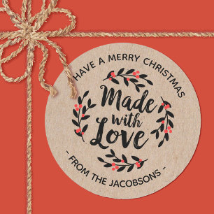 Adesivo Redondo Kraft Personalizado Feito Com Amor No Natal