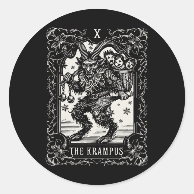 Adesivo Redondo Krampus Tarot Card Design de Natal Mau Pa (Frente)