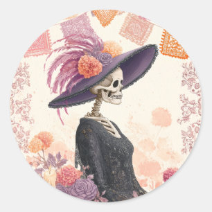 Adesivo Redondo La Catrina Skeleton Lady Day of Morte Decoupage