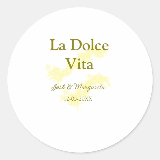 Adesivo Redondo La Dolce Vita casal amarelo Nome data glit (Frente)