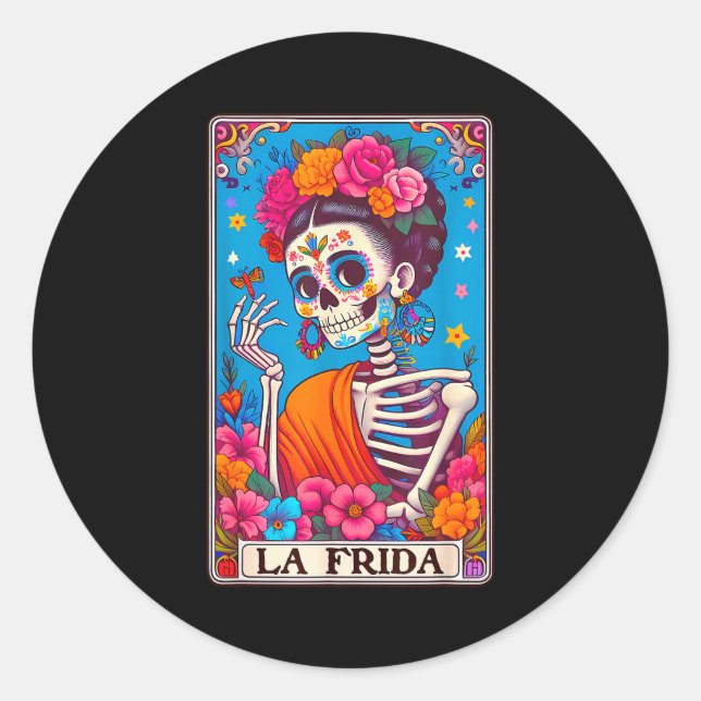 Adesivo Redondo La Frida Dia De Los Muertos Day Of Dead Halloween  (Frente)