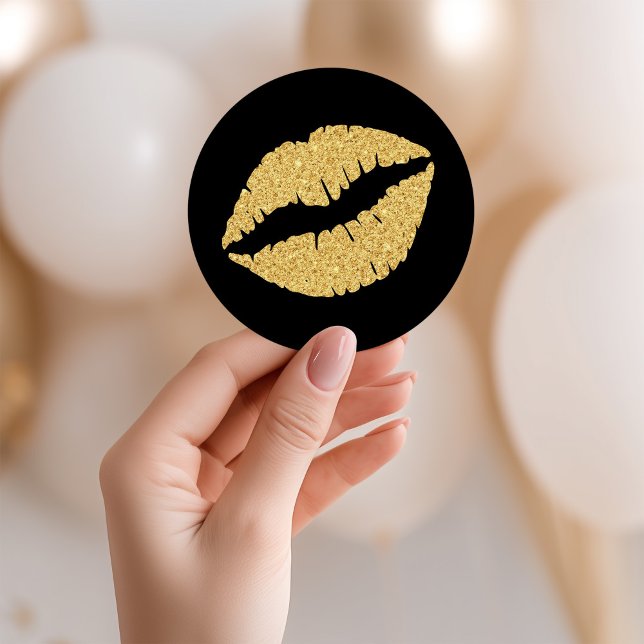 Adesivo Redondo Lábios com Brilho Preto e Dourado (Black and Gold Glitter Lips Classic Round Sticker)