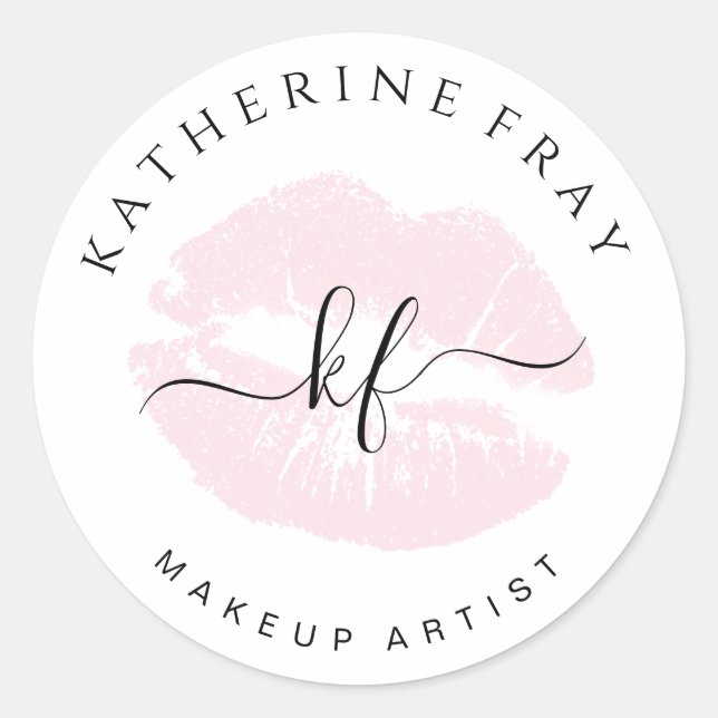 Adesivo Redondo lábios cor-de-rosa com escrita manual elegante (Frente)