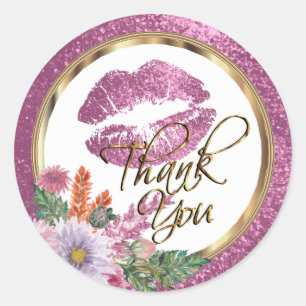 Adesivo Redondo Lábios de Prova de Beijo Brilhante Rosa Floral