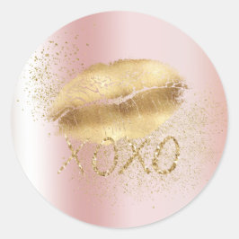 Adesivo Redondo Lábios Rosa e Dourados Beijam XOXO Glitter Dourado