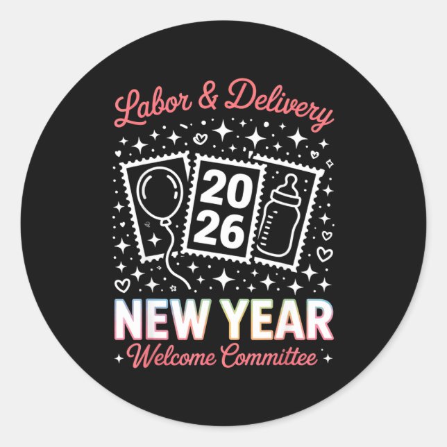 Adesivo Redondo Labor &amp; Delivery 2026 New Year Welcome Committ (Frente)