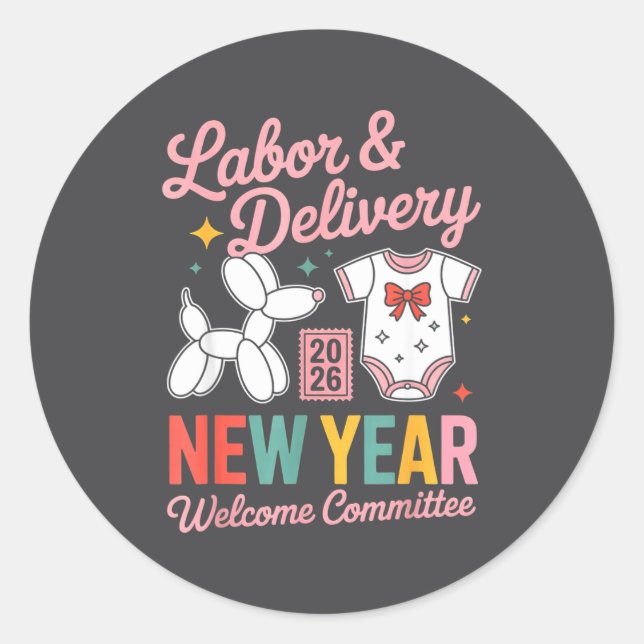 Adesivo Redondo Labor &amp; Delivery 2026 New Year Welcome Committ (Frente)
