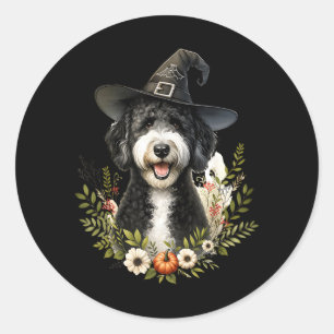 Adesivo Redondo Labradoodle Preto e Branco de Halloween em Aquarel