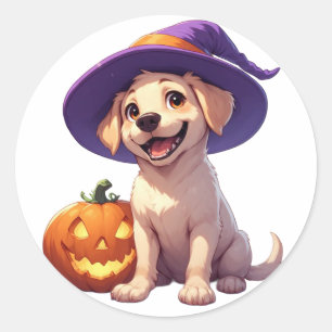 Adesivo Redondo Labrador Filhote de Halloween Com Abóbora Jack O L