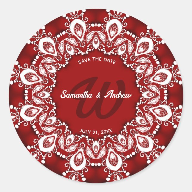Adesivo Redondo Lace Boêmiano Vermelho e Branco Salvar a Data (Frente)