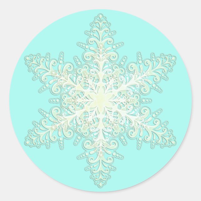 Adesivo Redondo Lace de gelo em flocos de neve branco de inverno e (Frente)