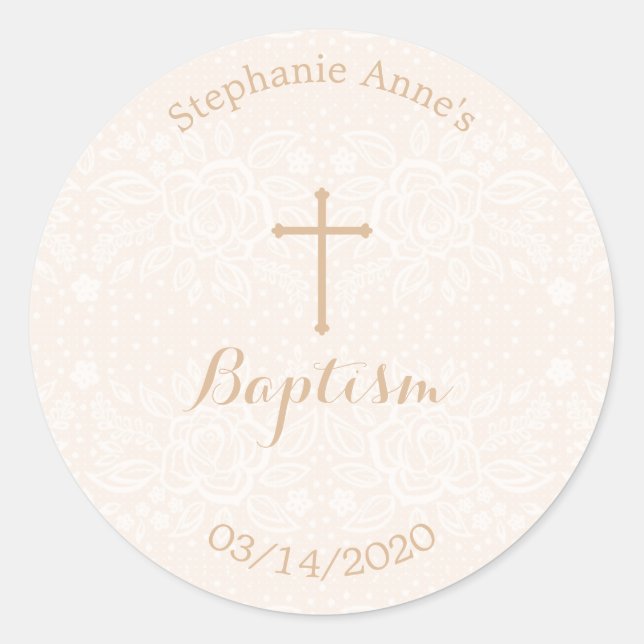 Adesivo Redondo Lace Floral Delicada Rosa-Blush Batismo (Frente)