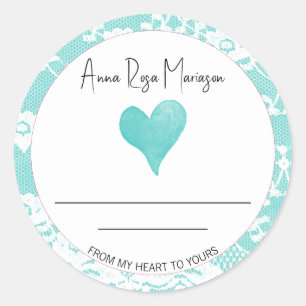 Adesivo Redondo *~* Lace Homemade AP30 TEAL Heart Generic